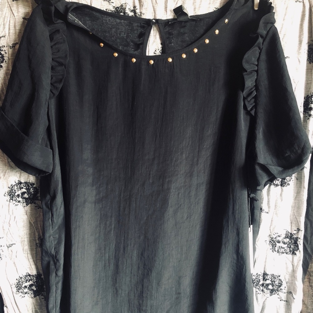 BLACK Top w/ BRASS STUDS & Flounce Cuff Sleeves